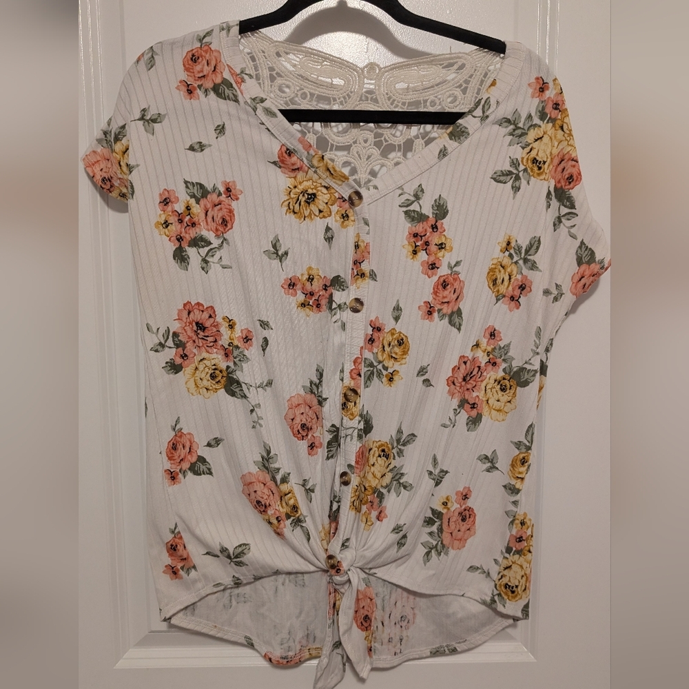 Bobbie Brooks Floral Blouse - Pink, Yellow, Orange on White